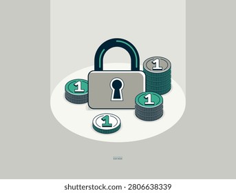 Padlock with coins stack vector conceptual poster, secured savings concept, simple icon style illustration of a lock with money, financial safety metaphor, financial protection.