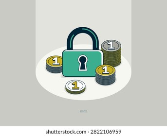 Padlock with coins stack vector conceptual poster, secured savings concept, simple icon style illustration of a lock with money, financial safety metaphor, financial protection.