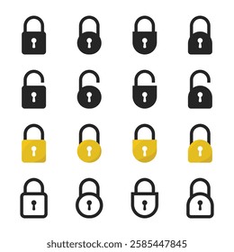 Padlock collection icon set, padlock shapes, padlock line icons, yellow padlock types