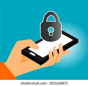 the padlock comes out of the smartphone screen that is held by the hand