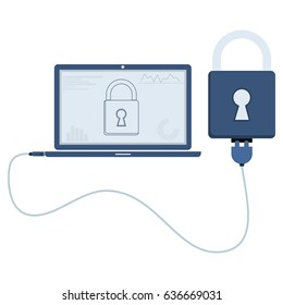 Padlock connected to a laptop through a usb cable. Outline of the padlock and graphs being shown on the computer monitor. Flat design. Isolated.