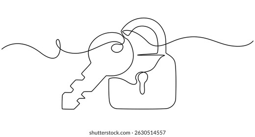 Padlock continuous one line drawing illustration. Lock continuous one line drawing of Isolated outline vector design, Continuous one line drawing of padlock with key. Single line drawing illustration