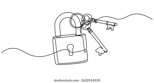 Padlock continuous one line drawing illustration. Lock continuous one line drawing of Isolated outline vector design, Continuous one line drawing of padlock with key. Single line drawing illustration