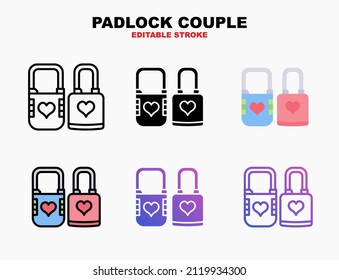 Padlock couple icon set with different styles. Editable stroke and pixel perfect. Can be used for digital product, presentation, print design and more.