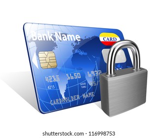 Padlock and credit card. Concept of a safe payment