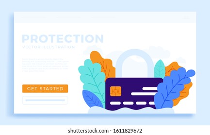 Padlock with credit card vector stock illustration for landing page or presentation. The concept of protection, security, reliability of a bank account. Front side of the card with a closed lock.