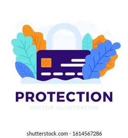 Padlock with credit card vector stock illustration isolated on a white background. The concept of protection, security, reliability of a bank account. Front side of the card with a closed lock.