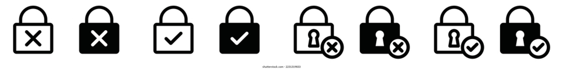 Padlock with cross mark and check mark icon. Simple padlock in flat and outline style. Approval and disagree security symbol illustration	