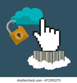 padlock cursor cloud computing web hosting data center security system technology icon set. Colorful and flat design. Vector illustration
