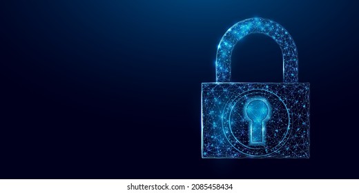 Padlock. Cyber security concept with glowing low poly lock on dark blue background. Wireframe low poly design. Abstract futuristic vector illustration.  