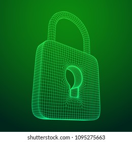 Padlock cyber security concept. Lock symbol from lines and squares, point connecting network. Wireframe low poly mesh vector illustration