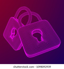 Padlock cyber security concept. Lock symbol from lines and squares, point connecting network. Wireframe low poly mesh vector illustration