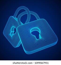 Padlock cyber security concept. Lock symbol from lines and squares, point connecting network. Wireframe low poly mesh vector illustration