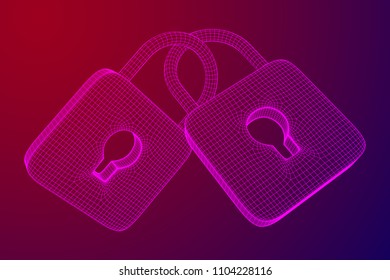 Padlock cyber security concept. Lock symbol from lines and squares, point connecting network. Wireframe low poly mesh vector illustration