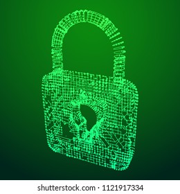 Padlock cyber security concept. Lock symbol from lines and dots, point connecting network. Wireframe low poly mesh vector illustration