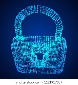 Padlock cyber security concept. Lock symbol from lines and dots, point connecting network. Wireframe low poly mesh vector illustration