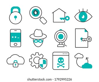 Padlock und Cyber-Sicherheitssymbol auf weißem Hintergrund, Halbzeitehalber-Stil, Vektorgrafik