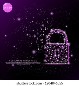 Padlock digitally drawn futuristic low poly wire frame shape point, composition and lines vector illustration on purple background.