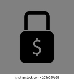 Padlock with dollar sign icon. Vector. Black icon on medium gray background. Isolated.