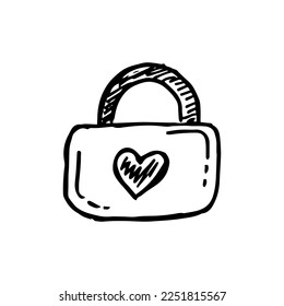 Padlock doodle style vector illustration isolated on white background. Valentines day hand drawn graphic