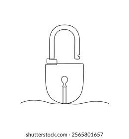 Padlock drawn with continuous line in minimalism, lock, cyber safety, information security concept, one line, editable vector contour