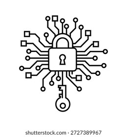 Vorhängeschloss mit elektronischen Anschlüssen und Schlüssel. Datenflusskonzept für Cybersicherheit. Netzwerkverschlüsselung und Zugriffskontrolle.