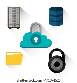 padlock file cloud computing web hosting data center security system technology icon set. Colorful and flat design. Vector illustration