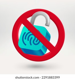 Padlock with fingerprint scanner icon in red circle with crossed line. No fingerprinting concept. 3d vector icon 