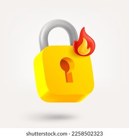 Padlock with flame symbol. 3d vector icon isolated on white background