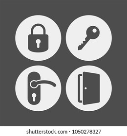 Padlock flat vector icons set. Doors flat vector icons set. Keys flat vector icons set. Lock, key, door handle, door flat vector icon