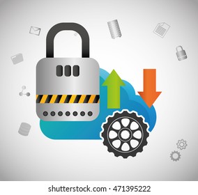 padlock gear cloud computing web hosting data center security system technology icon set. Colorful and flat design. Vector illustration