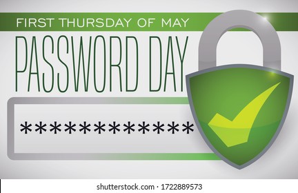 Padlock con símbolo de cheque verde, anunciando una contraseña segura y promoviendo la seguridad y ciberseguridad durante la celebración del Día de la Contraseña el primer jueves de mayo.