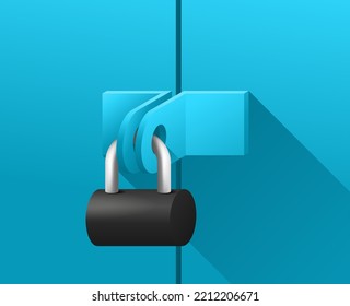 Padlock hanging on the metal door to garage or barn - symbol of security and safety