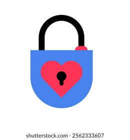 Padlock With Heart In Flat Vector Illustration Symbolizing Security, Love, And Affection, Isolated On White Background.