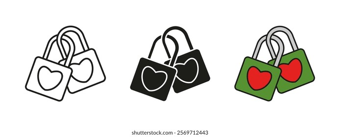 Padlock with heart icon. Valentine romantic symbol. Love and romance protection. Pair of padlocks with hearts vector illustration. Secure relationships sign. Lover bonding pictogram. Beloved lover.