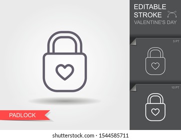 Padlock with heart keyhole. Outline icon with editable stroke Linear symbol of the love with shadow