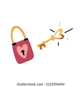 Padlock with heart on it and gold key. Hand drawn doodle. Vector illustration