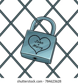Padlock with heart pop art retro vector illustration. Isolated image on white background. Comic book style imitation.