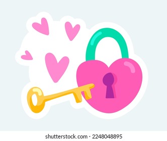 Padlock con forma de corazón con llave. Amor y romántico. Ilustración vectorial en el diseño de pegatinas de dibujos animados