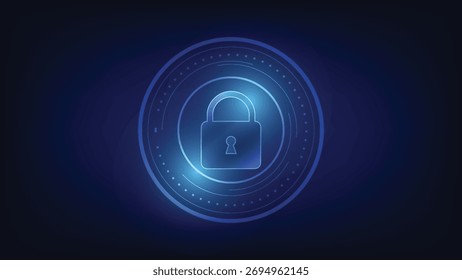 Candado con círculo de alta tecnología sobre fondo azul. símbolo de seguridad cibernética