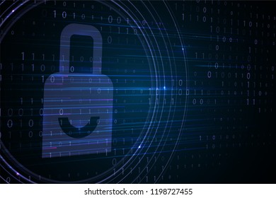 Padlock icon with binary code background. Password and data privacy protection in internet, data transfer concepts. Graphic concept for your design.