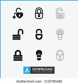 Padlock icon. collection of 9 padlock filled and outline icons such as lock, opened lock, heart lock, keyhole. editable padlock icons for web and mobile.