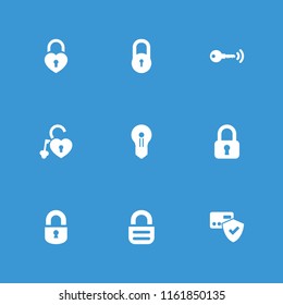 Padlock icon. collection of 9 padlock filled icons such as lock, card protection, heart lock, keyhole. editable padlock icons for web and mobile.
