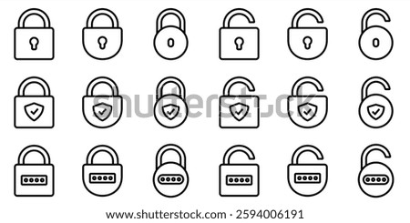 Padlock icon collection. Locked and unlocked padlock, security, safety, password technology in line design rounded courners. Vector illustration. Editable stroke EPS 10