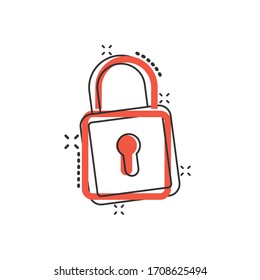 Padlock icon in comic style. Lock cartoon vector illustration on white isolated background. Private splash effect business concept.