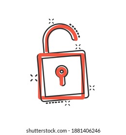 Padlock icon in comic style. Lock cartoon vector illustration on white isolated background. Private splash effect business concept.