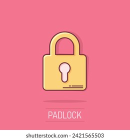 Padlock icon in comic style. Lock cartoon vector illustration on white isolated background. Private splash effect business concept.