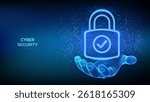 Padlock icon. Cybersecurity. Data protection. Padlock with Check mark icon in wireframe hand. Network safety. Information privacy idea. Circuit board pattern. PCB printed circuit texture. Vector.