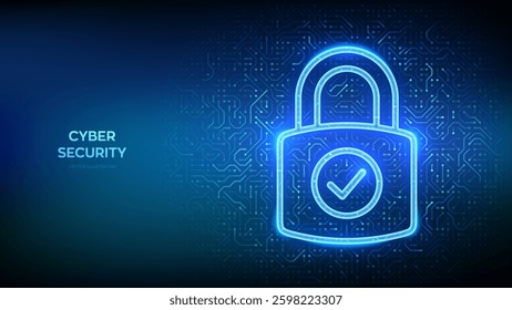 Padlock icon. Cybersecurity and data protection concept. Padlock with Check mark icon. Network safety. Information privacy idea. Circuit board pattern. PCB printed circuit texture. Vector illustration