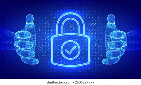 Padlock icon. Cybersecurity. Data protection. Padlock with Check mark icon in wireframe hands. Network safety. Information privacy idea. Circuit board pattern. PCB printed circuit texture. Vector.
